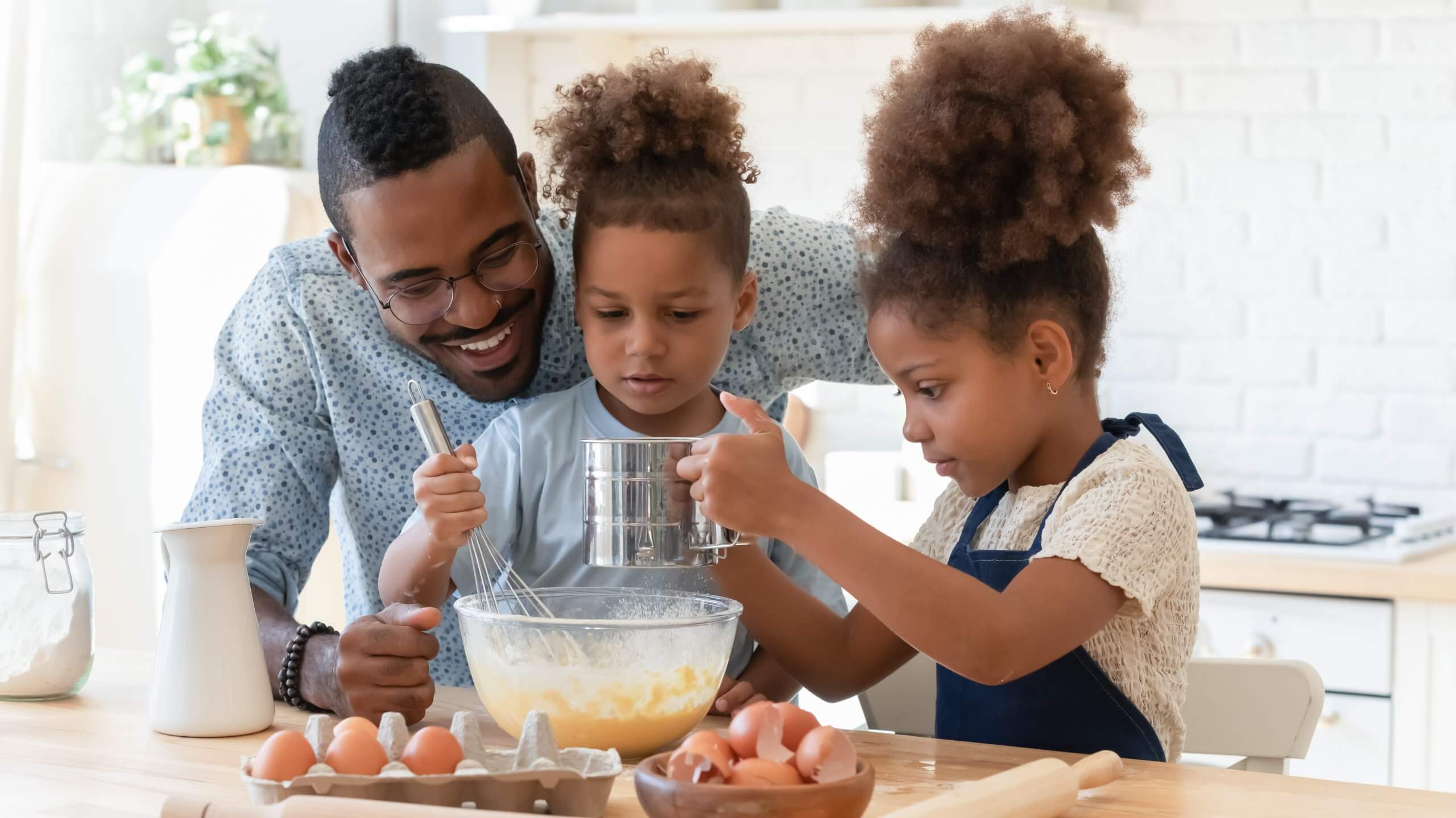 Happy Dad Teaching Two Cute Preschooler Kids To Bake