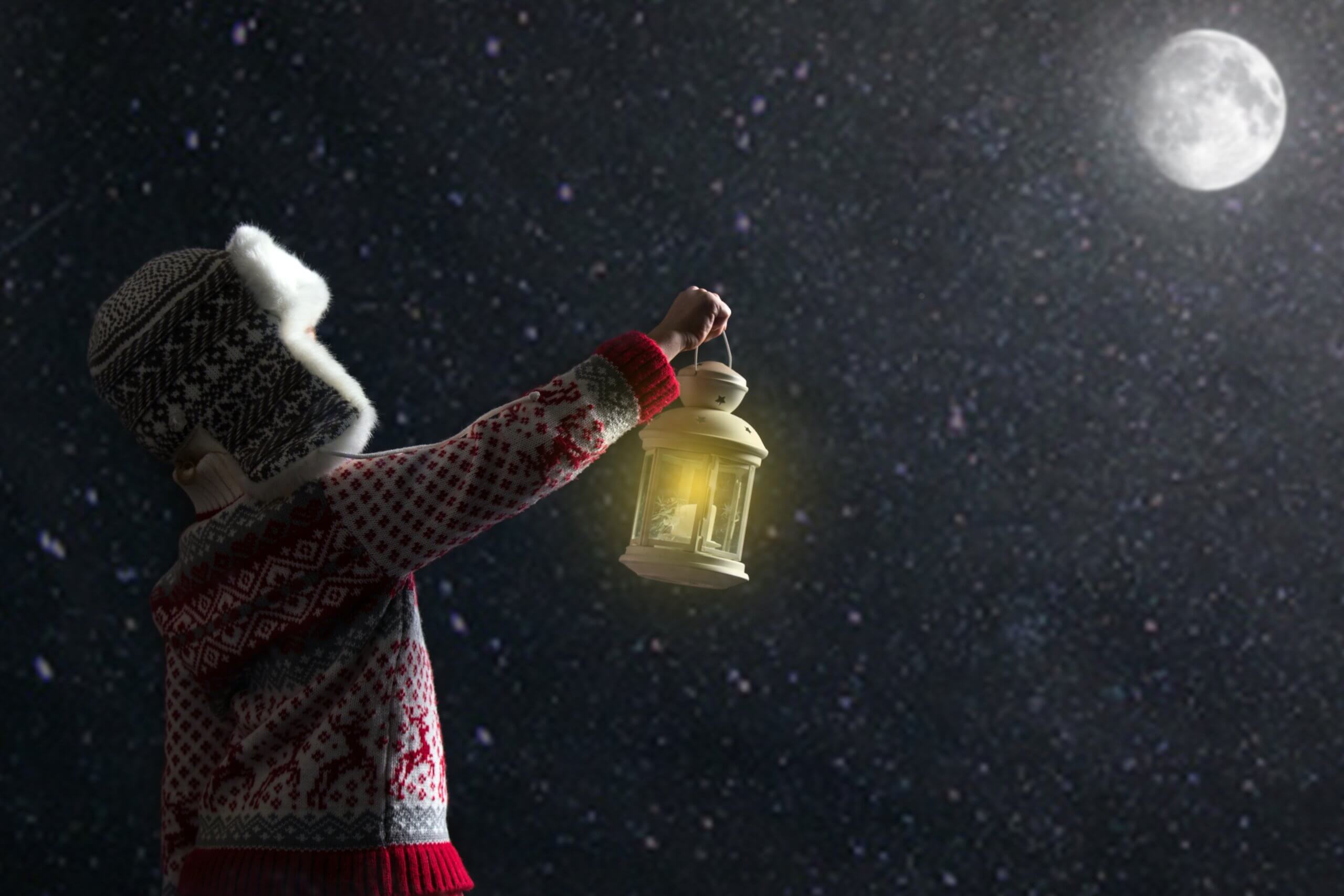 Kid, Looking At The Moonlight And Star Sky, Making Wishes For Ch